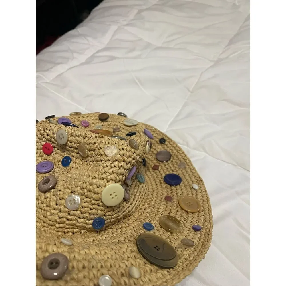 Button Straw Hat Hippie Boho Chic Small Medium